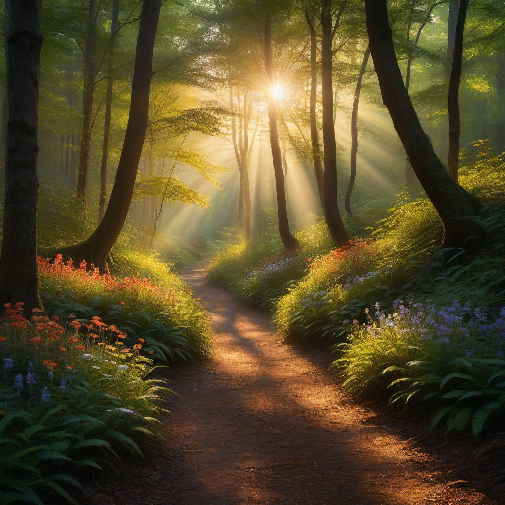A serene landscape depicting a path winding through a dark forest into a bright sunrise, symbolizing the journey from despair to hope. Shadows of melancholic figures fade away in the woods, while flowers bloom vibrantly along the path, illustrating resilience. Soft rays of light pierce through the trees, illuminating the way forward. ethereal atmosphere. super-realistic. vibrant colors.
