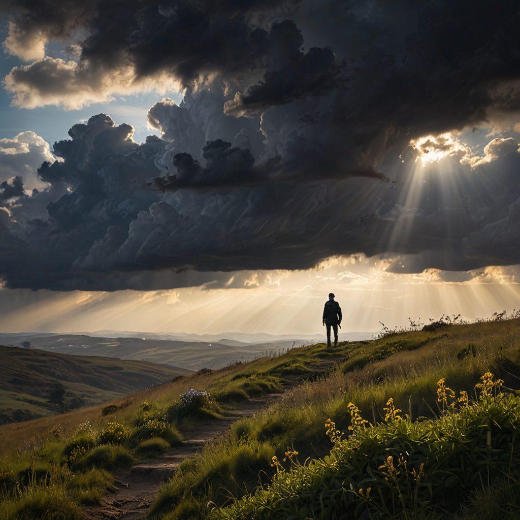 A lone figure standing on a windswept hill, gazing at a stormy sky with rays of sunlight breaking through the clouds, symbolizing hope amidst sorrow. The landscape is dotted with wilting flowers and rich, dark colors, contrasting with the bright beam of light illuminating the figure. Add a gentle breeze effect to the grass, creating a sense of movement. surrealistic style. dramatic lighting. muted colors.