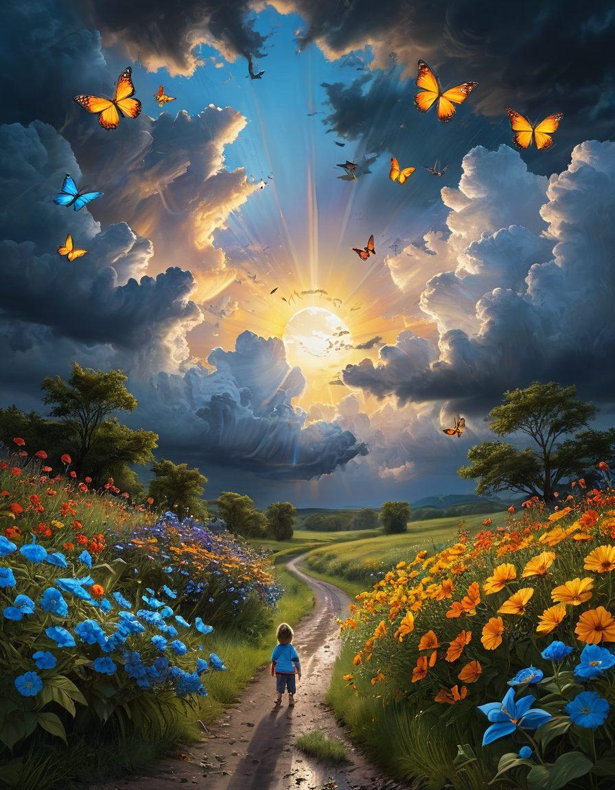 A serene landscape transitioning from a dark, stormy side symbolizing sorrow to a bright and sunny side full of colorful flowers and joyful children playing. A glowing sun breaking through gloomy clouds, representing hope and joy. The sky gradually shifts from gray to vibrant blue, with butterflies fluttering around as a symbol of transformation. The overall feel should evoke a sense of warmth and positivity. super-realistic. vibrant colors. uplifting atmosphere.